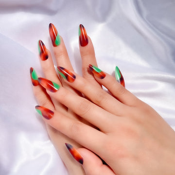 OPOOLA Almond Press on Nails Medium, Multi color printing,OPOOLA Rainbow Jelly Soft Gel Fake Nails for Women Fit Natural,  Stick on Nails Reusable, 24pcs False Nails with Design Glue Art Kit